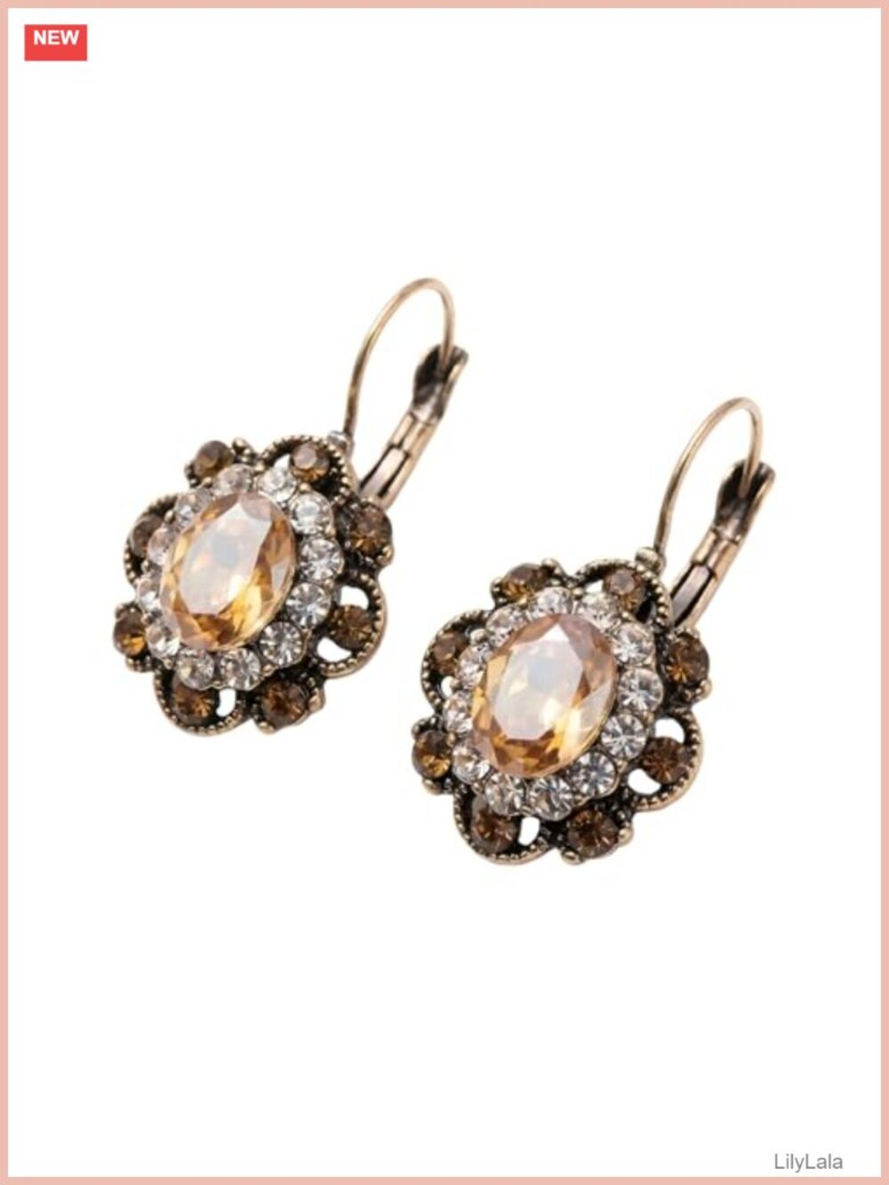 Vintage Crystal Leverback Dangle Earrings Retro Flower Handmade Alloy